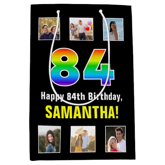 84e verjaardag: Regenboog "84", aangepaste foto's  Medium Cadeauzakje (Voorkant)