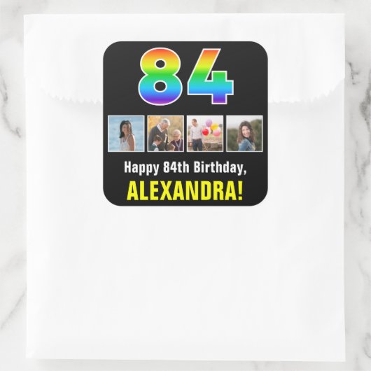 84e verjaardag: Regenboog "84"; Aangepaste foto's  Vierkante Sticker (Tas)