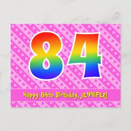 84e verjaardag: roze strepen & harten, regenboog 8 briefkaart (Voorkant)