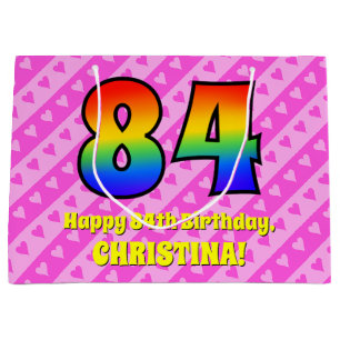 84e verjaardag: roze strepen & harten, regenboog # groot cadeauzakje