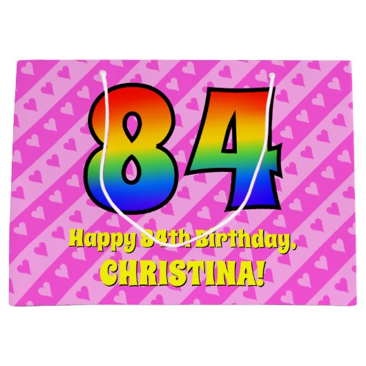 84e verjaardag: roze strepen & harten, regenboog # groot cadeauzakje (Voorkant)