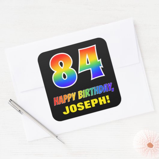 84e verjaardag: Vet, Vun, eenvoudig, regenboog 84 Vierkante Sticker (Envelop)