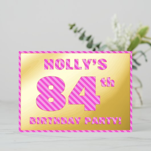 84e verjaardag — Vet, vuurtje, roze band # 84 Folie Uitnodiging (Staand Voorkant)