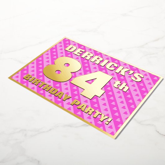 84e verjaardag — vuurroze harten en strips folie uitnodiging (Gedraaid)