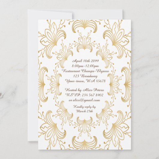 84e, Verjaardagsfeest, Art Deco, Bloem, goud, wit Kaart (Achterkant)