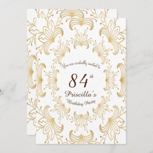 84e, Verjaardagsfeest, Art Deco, Bloem, goud, wit Kaart (Voorkant / Achterkant)