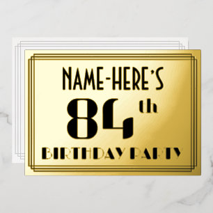 84ste verjaardag: Art Deco Kijk "84" en naam Folie Uitnodiging