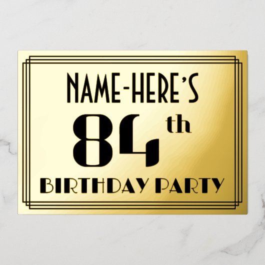 84ste verjaardag: Art Deco Kijk "84" en naam Folie Uitnodiging (Voorkant)