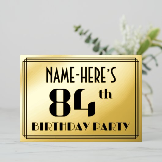 84ste verjaardag: Art Deco Kijk "84" en naam Folie Uitnodiging (Staand Voorkant)