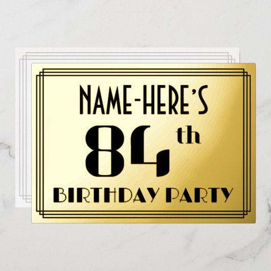 84ste verjaardag: Art Deco Kijk "84" en naam Folie Uitnodiging (Voorkant / Achterkant)