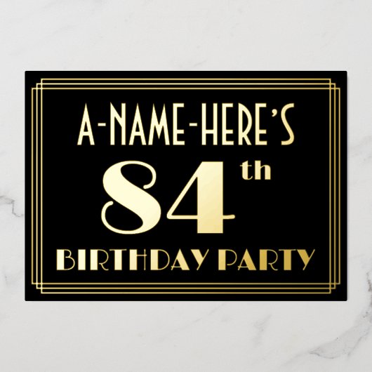 84ste verjaardag: Art Deco Kijk "84", met naam Folie Uitnodiging (Voorkant)