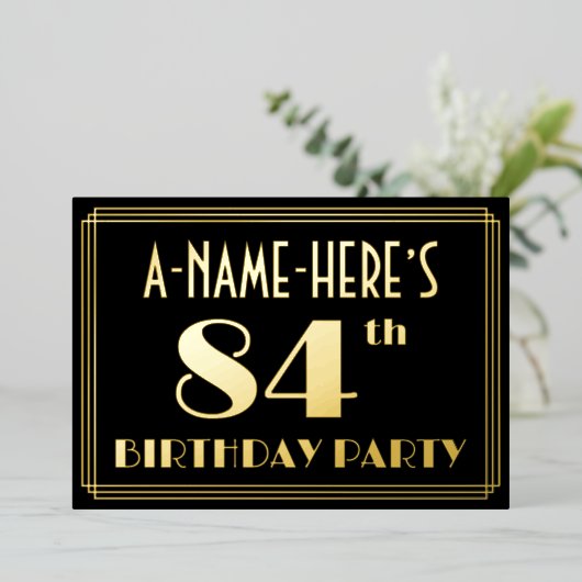 84ste verjaardag: Art Deco Kijk "84", met naam Folie Uitnodiging (Staand Voorkant)