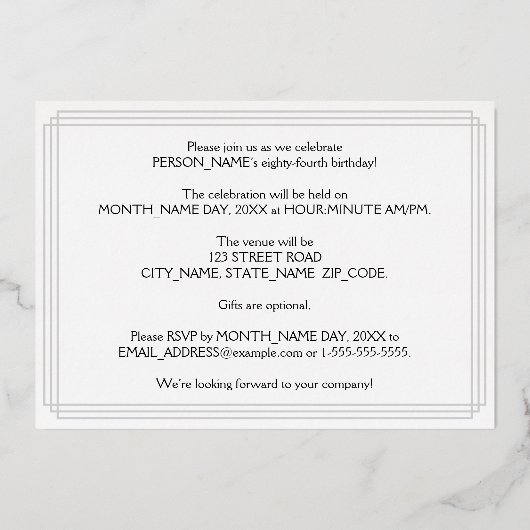 84ste verjaardag: Art Deco Kijk "84", met naam Folie Uitnodiging (Achterkant)