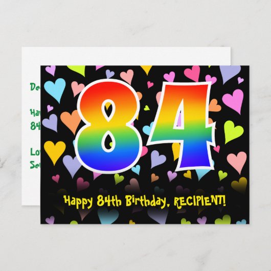 84ste verjaardag: Fun Hearts-patroon, Regenboog 84 Briefkaart (Voorkant / Achterkant)