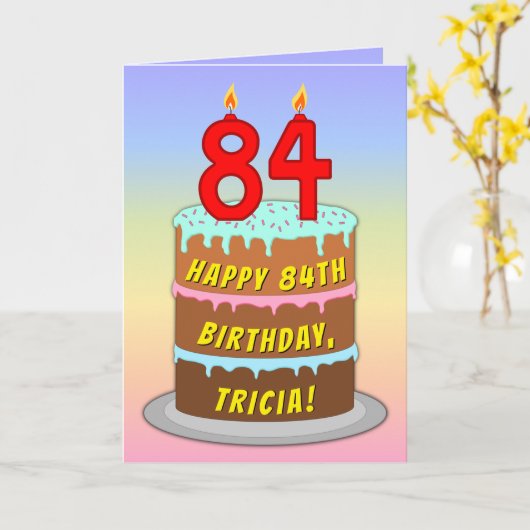 84ste verjaardag — Leuke cake & kaarsen, met eigen Kaart (Gele Bloem)