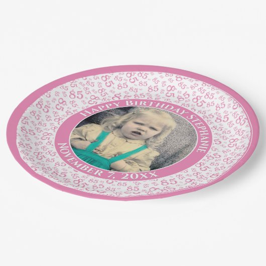 85 Uw foto Willekeurige nummerpatroon Roze/Wit Papieren Bordje (Gekanteld)