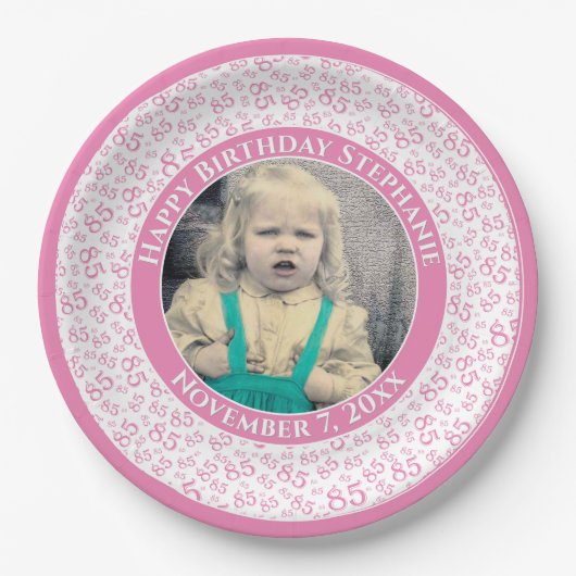 85 Uw foto Willekeurige nummerpatroon Roze/Wit Papieren Bordje (Voorkant)