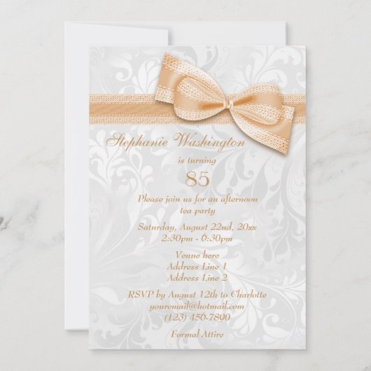 85e Birthday Party Damask en Faux Bow Kaart (Achterkant)