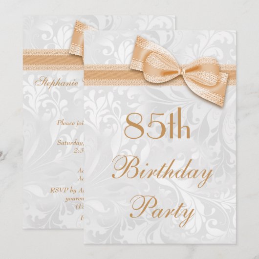 85e Birthday Party Damask en Faux Bow Kaart (Voorkant / Achterkant)