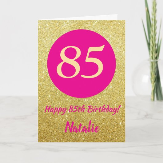 85e Happy Birthday Hot Pink en Gold Glitter Kaart (Voorkant)