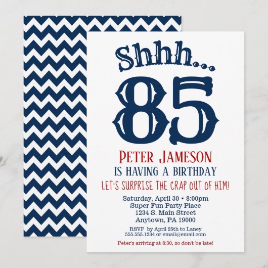 85e Surprise Birthday Invitation Mannen Navy Blue Kaart (Voorkant / Achterkant)