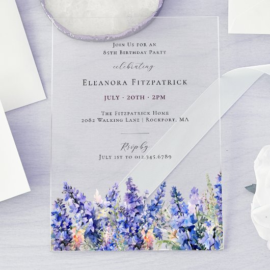 85e Verjaardag Blauwe Larkspur Juli Geboortebloem Acryl Uitnodigingen