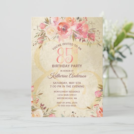 85e verjaardag Bloemen Roze Rozen Goud Shimmer Par Kaart (Staand voorkant)