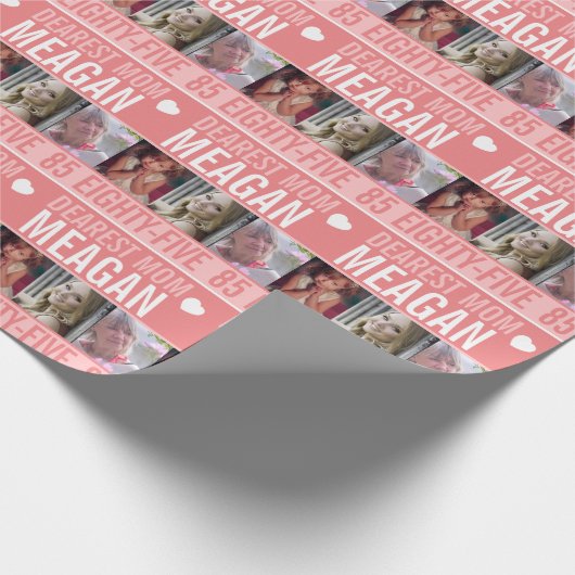 85e verjaardag drie foto's koraal oranje wit cadeaupapier (Hoek)