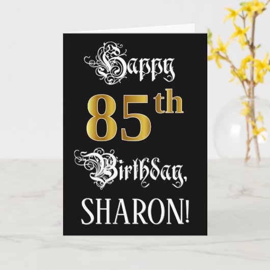 85e verjaardag — Fancy script; Faux Gold Kijk; naa Kaart (Gele Bloem)