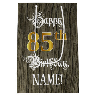 85e verjaardag: Faux Gold look & Faux Wood Pattern Medium Cadeauzakje