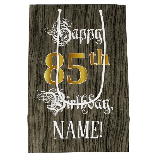 85e verjaardag: Faux Gold look & Faux Wood Pattern Medium Cadeauzakje (Achterkant)