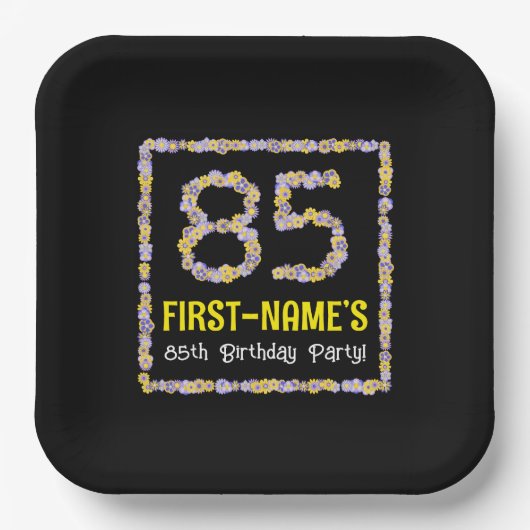 85e verjaardag: Floral Flowers Number, Custom Name Papieren Bordje (Voorkant)