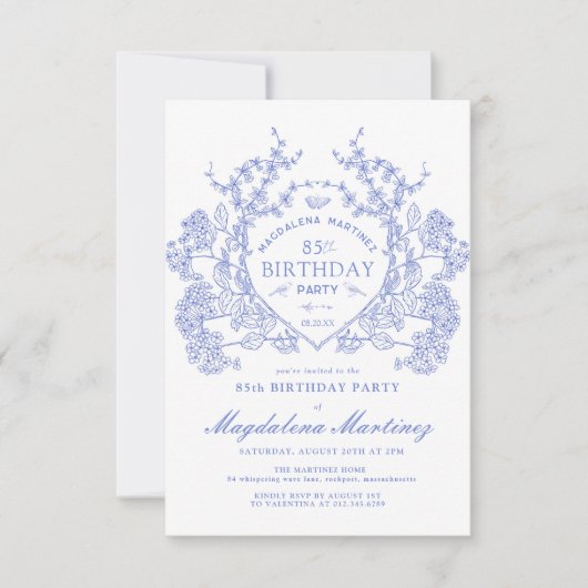 85e Verjaardag Franse Vintage Blauwe Bloemen Crest Kaart (Voorkant)