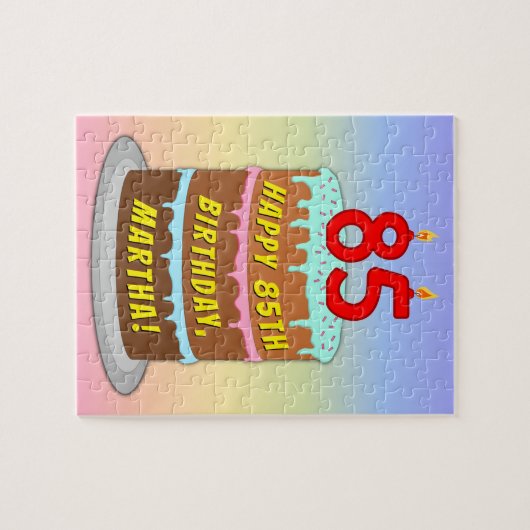85e verjaardag: Fun Cake and Candles + Custom Name Legpuzzel (Horizontaal)