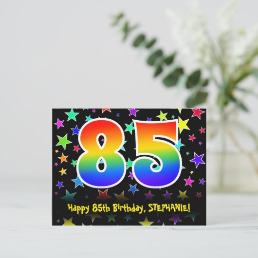 85e verjaardag: Fun-sterrenpatroon, Regenboog 85,  Briefkaart (Staand voorkant)