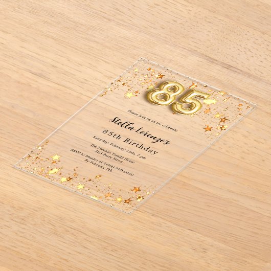 85e verjaardag Goud Roze Sterren Clear Acryl Uitnodigingen (Laagn)