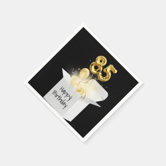 85e verjaardag goudballonnen in witte doos servet (Hoek)