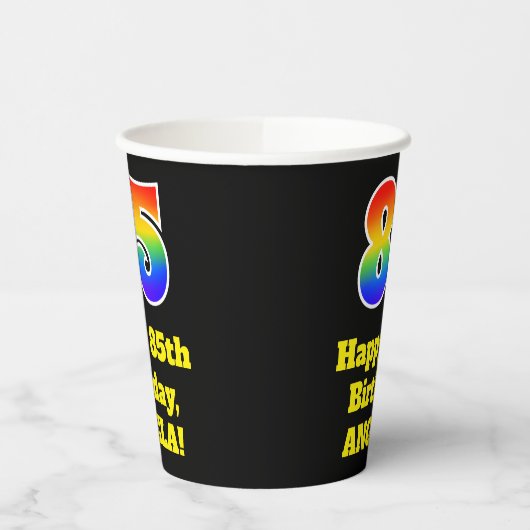 85e verjaardag: Kleurrijk, Leuk, Opwindend, Regenb Papieren Bekers (Links)