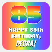 85e verjaardag: kleurrijk, vun regenboogpatroon # vierkante sticker (Voorkant)