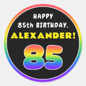 85e verjaardag: kleurrijke regenboog # 85, Naam va Ronde Sticker (Voorkant)