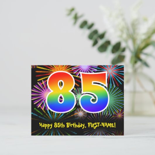 85e verjaardag – leuk vuurwerkpatroon + regenboog  briefkaart (Staand voorkant)