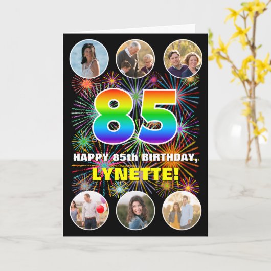 85e verjaardag: Leuke regenboog #, Aangepaste naam Kaart (Gele Bloem)