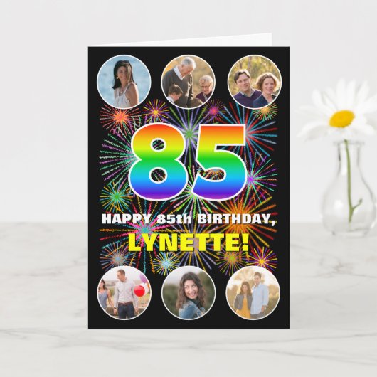 85e verjaardag: Leuke regenboog #, Aangepaste naam Kaart (Kleine Plant)