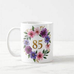 85e Verjaardag Mok – Bloemenkrans met gouden numme