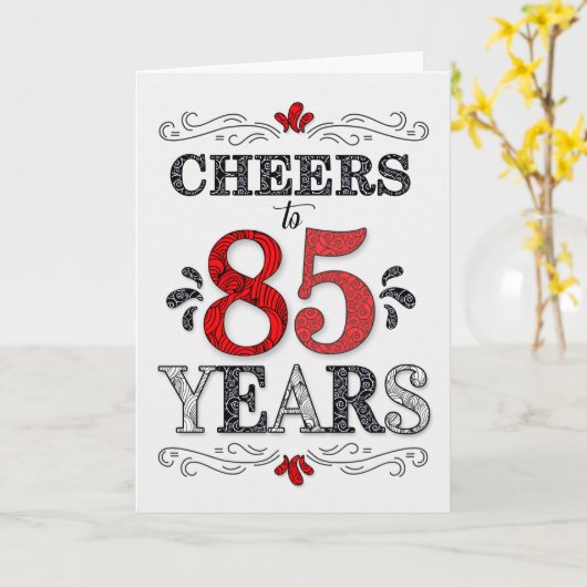 85e verjaardag Proost in rood wit zwart patroon Kaart (Gele Bloem)