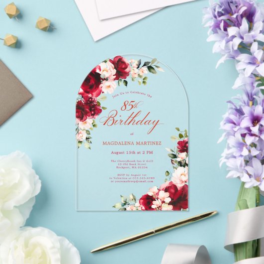 85e Verjaardag Red Rose Pink Peony Bloemenboog Acryl Uitnodigingen (Insitu (Huwelijk))