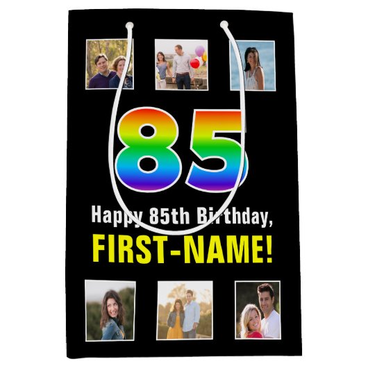 85e verjaardag: Regenboog "85", aangepaste foto's  Medium Cadeauzakje (Voorkant)