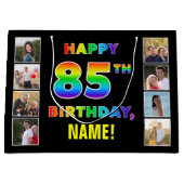 85e verjaardag: regenboogtekst, aangepaste foto's groot cadeauzakje (Voorkant)