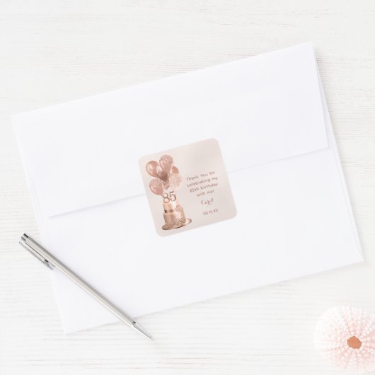 85e verjaardag Roos Gold Cake Hartelijk dank Vierkante Sticker (Envelop)