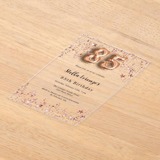 85e verjaardag roos gouden roze sterren Clear Acryl Uitnodigingen (Laagn)